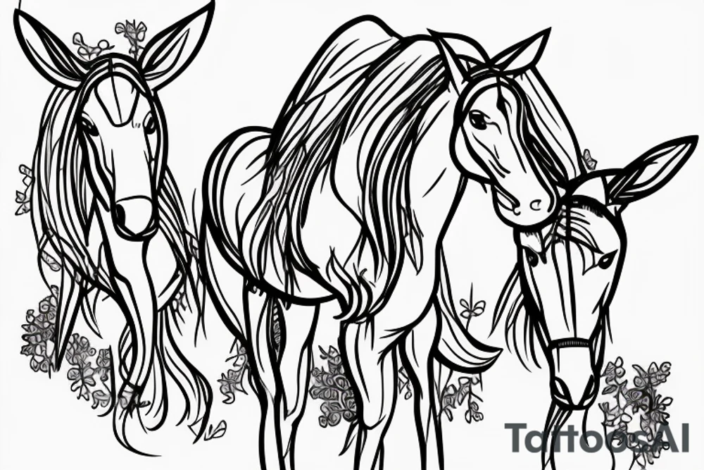 Two mules working to pull. With no people. Less shading and more line work tattoo idea