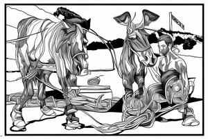 Two mules working to pull. With no people. Less shading and more line work tattoo idea