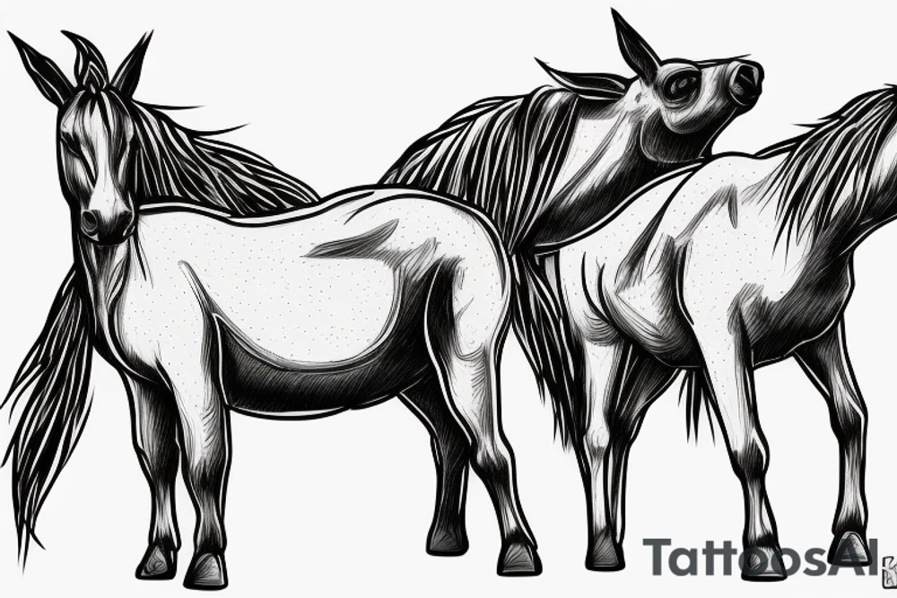 Two mules working very hard to pull. With no people. Less shading and more line work tattoo idea