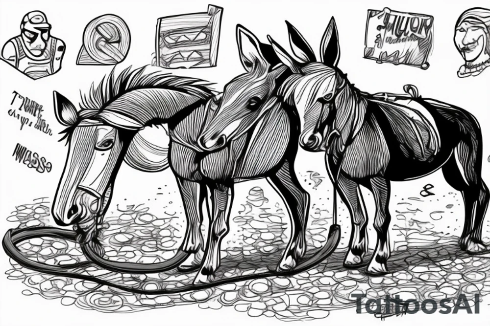 Two mules struggling to pull. With no people. Less shading and more line work tattoo idea