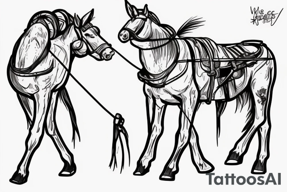 Two mules working as a team but struggling to pull. With no people. Less shading and more line work tattoo idea