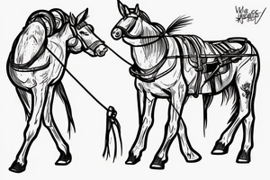 Two mules working as a team but struggling to pull. With no people. Less shading and more line work tattoo idea