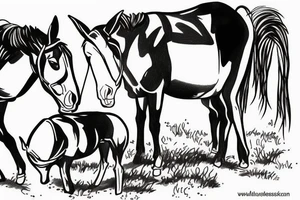Two mules working as a team but struggling to pull. With no people. Less shading and more line work tattoo idea