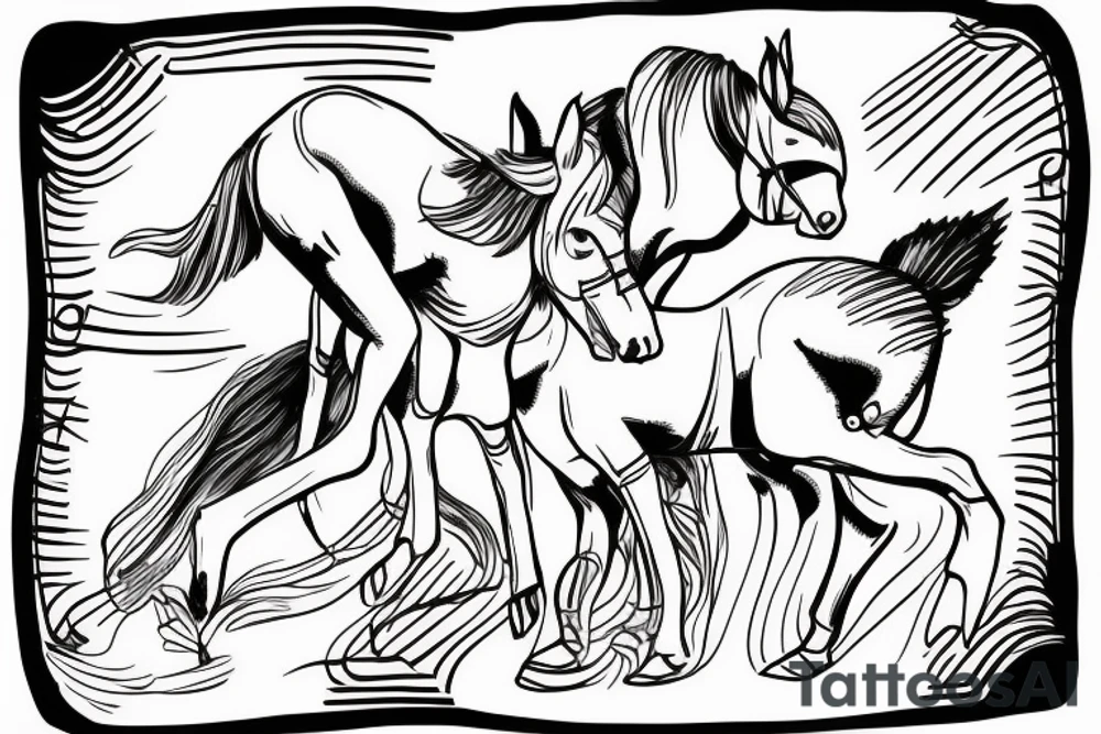 Two mules working as a team but struggling to drag something. With no people. Less shading and more line work tattoo idea