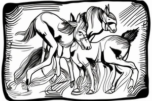 Two mules working as a team but struggling to drag something. With no people. Less shading and more line work tattoo idea