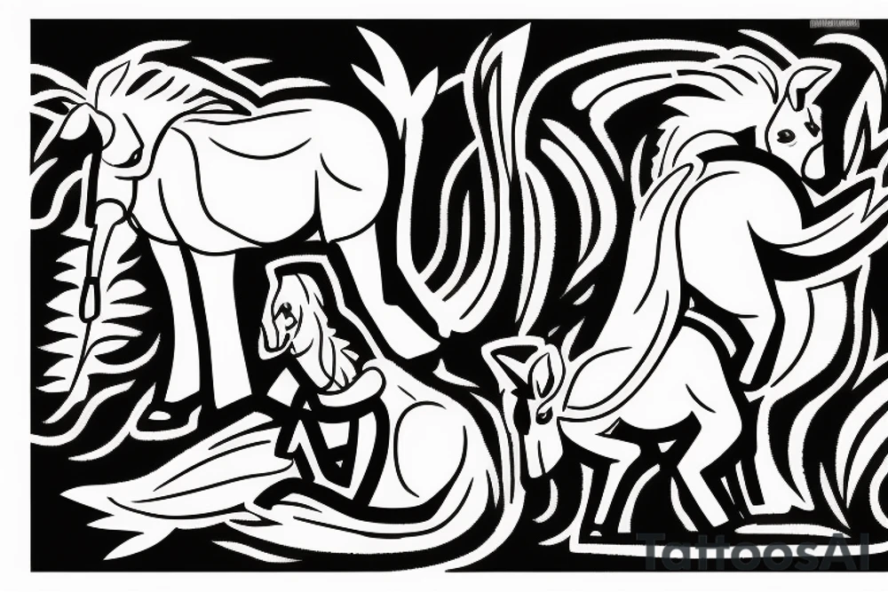 Two mules working as a team but struggling to drag something. With no people. Less shading and more line work tattoo idea