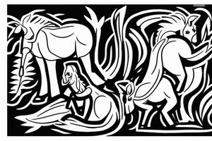 Two mules working as a team but struggling to drag something. With no people. Less shading and more line work tattoo idea