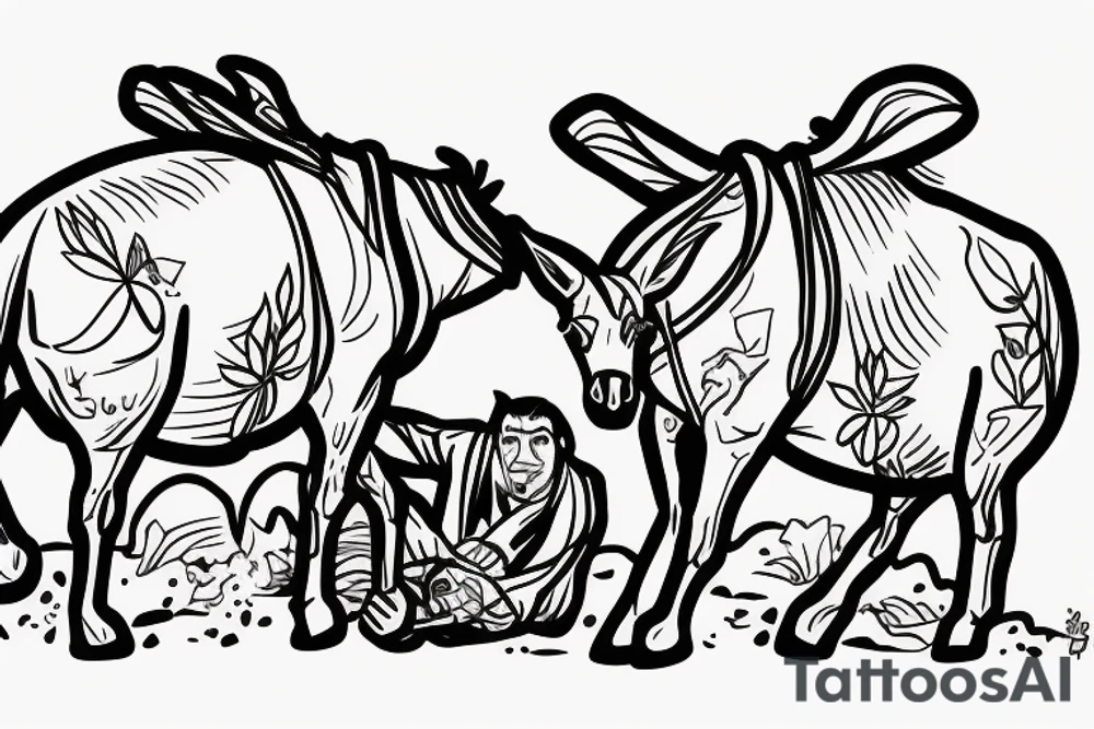 Two mules working as a team but struggling to drag something. With no people. Less shading and more line work tattoo idea