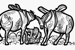 Two mules working as a team but struggling to drag something. With no people. Less shading and more line work tattoo idea
