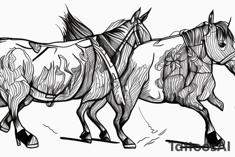 Two mules working as a team but struggling to drag something. With no people. Less shading and more line work tattoo idea