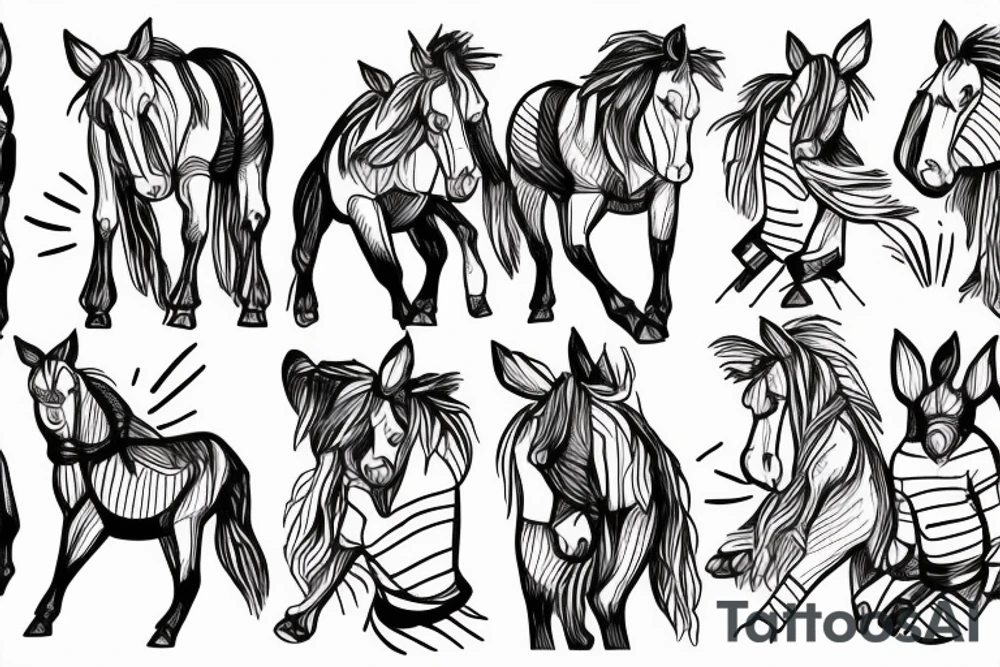 Two strong mules working as a team but struggling to drag something. With no people. Less shading and more line work tattoo idea