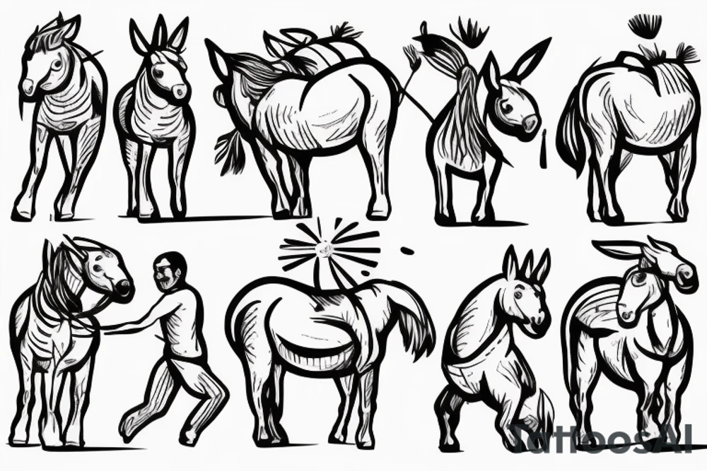 Two strong mules working as a team but struggling to drag something. With no people. Less shading and more line work tattoo idea
