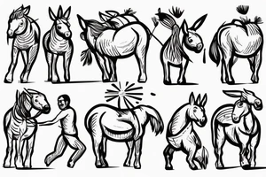 Two strong mules working as a team but struggling to drag something. With no people. Less shading and more line work tattoo idea