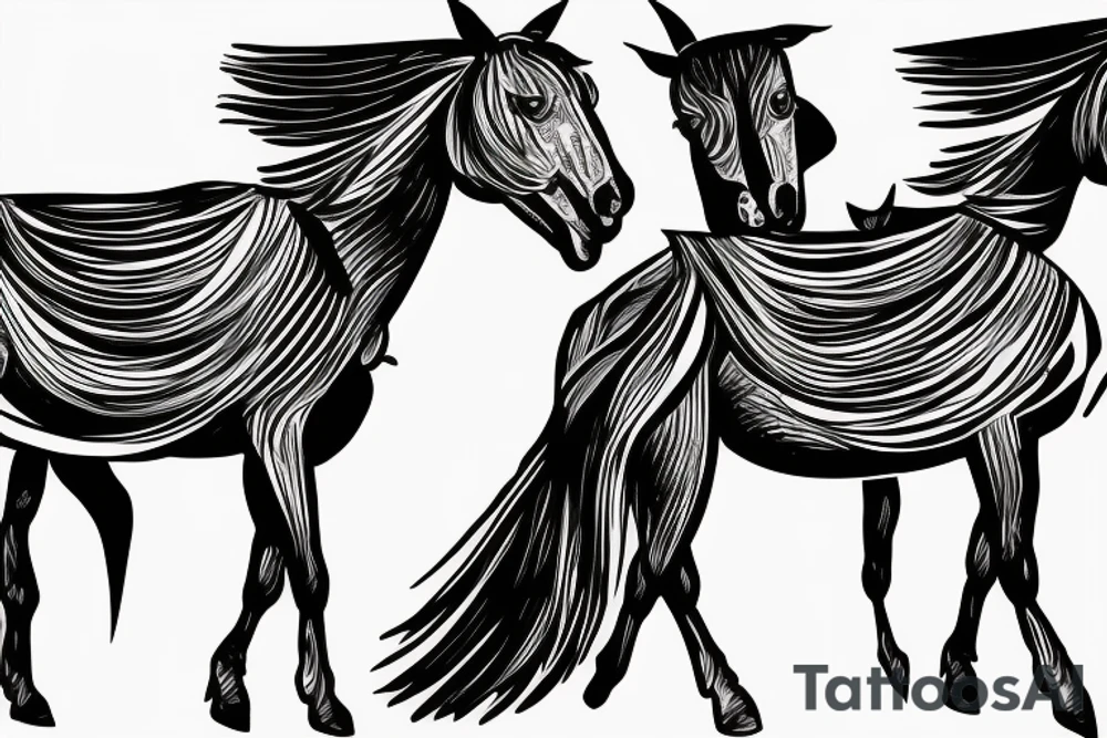Two strong mules working as a team but struggling to drag something. With no people. Less shading and more line work tattoo idea