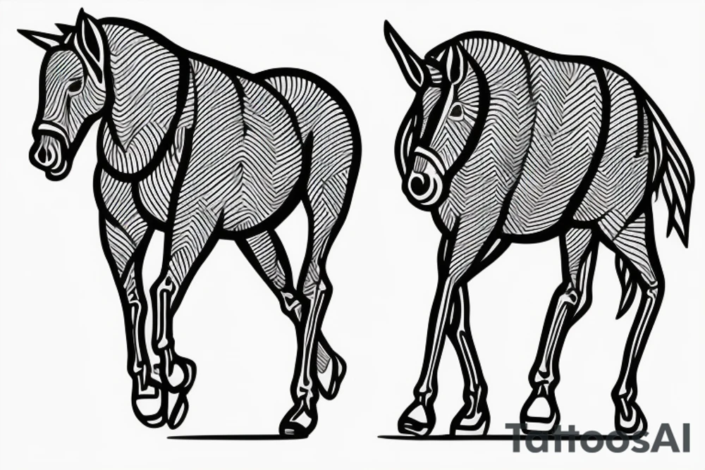 Two strong mules working as a team but struggling to drag something. With no people. Less shading and more line work tattoo idea