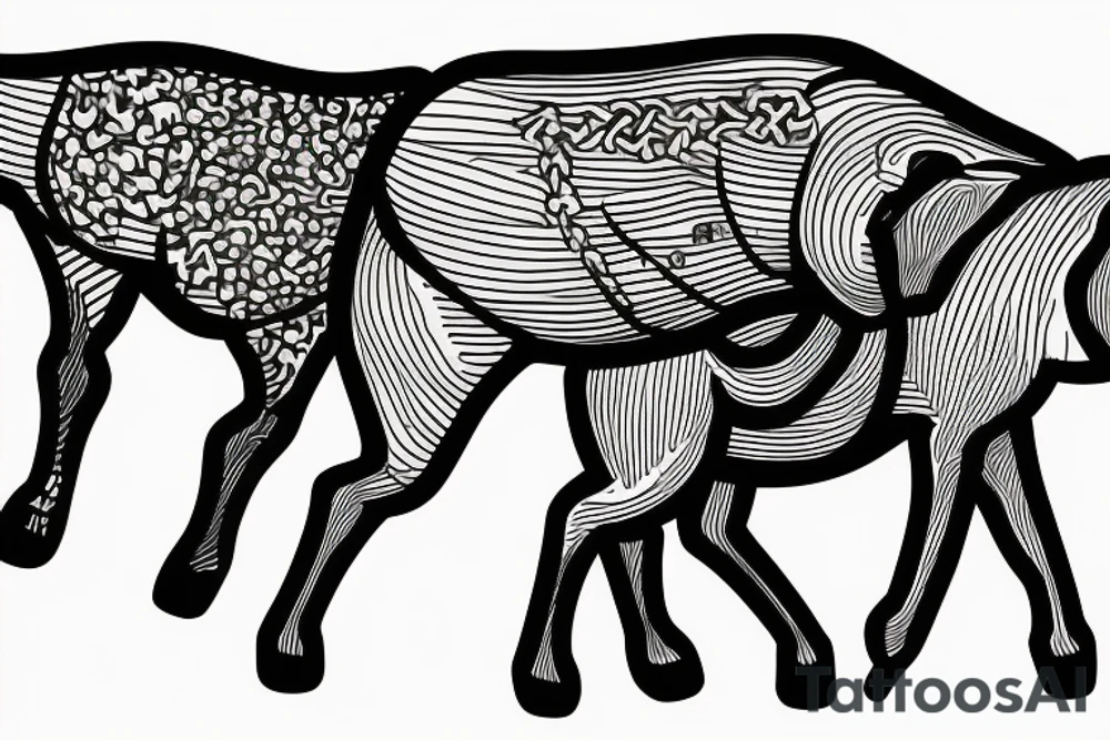 Two strong mules working as a team but struggling to drag something. With no people. Less shading and more line work tattoo idea