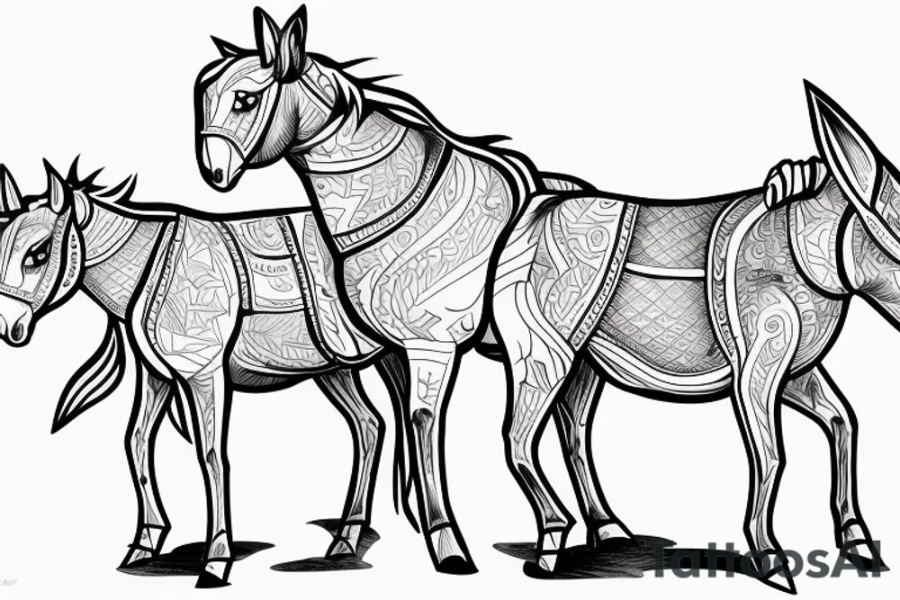 Two strong mules working tirelessly as a team to accomplish a goal. The mules will be facing in the same direction.  Less shading and more line work tattoo idea