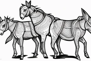 Two strong mules working tirelessly as a team to accomplish a goal. The mules will be facing in the same direction.  Less shading and more line work tattoo idea
