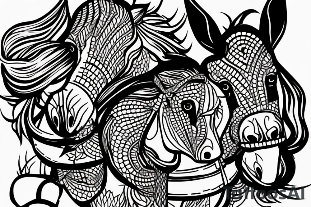 Two strong mules working tirelessly as a team to accomplish a goal. The mules will be facing in the same direction.  Less shading and more line work tattoo idea