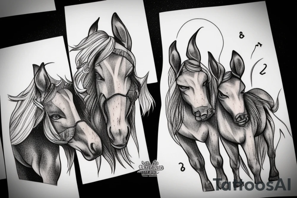 Two strong mules working tirelessly as a team to accomplish a goal. The mules will be facing in the same direction.  Less shading and more line work tattoo idea