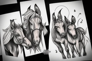 Two strong mules working tirelessly as a team to accomplish a goal. The mules will be facing in the same direction.  Less shading and more line work tattoo idea