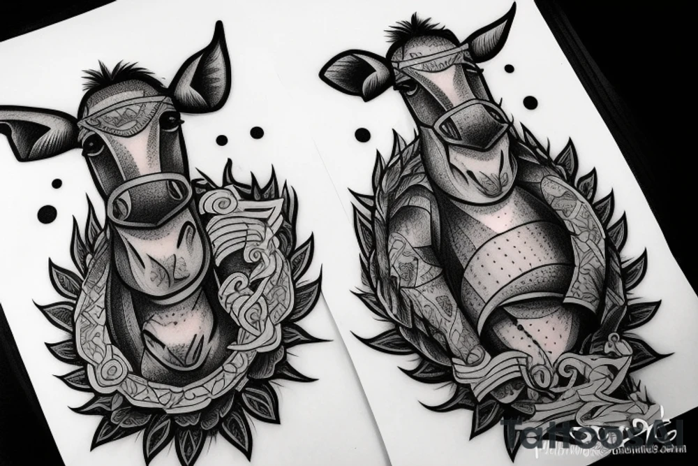 Two strong mules working tirelessly as a team to accomplish a goal. The mules will be facing in the same direction.  Less shading and more line work tattoo idea