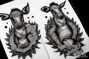 Two strong mules working tirelessly as a team to accomplish a goal. The mules will be facing in the same direction.  Less shading and more line work tattoo idea