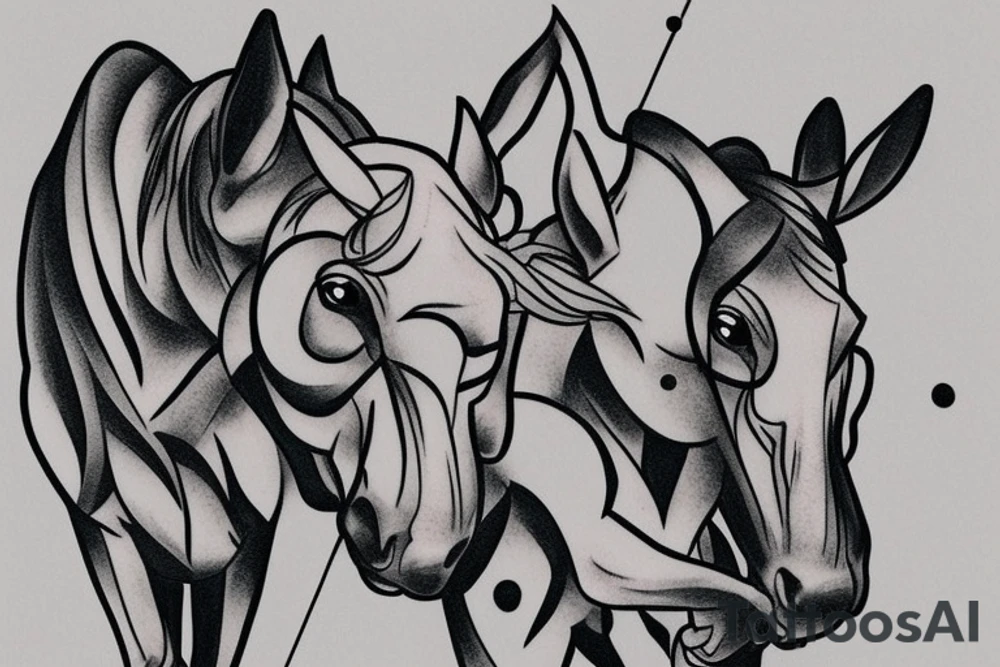 Two strong mules working tirelessly as a team to accomplish a goal. The mules will be facing in the same direction.  Less shading and more line work tattoo idea