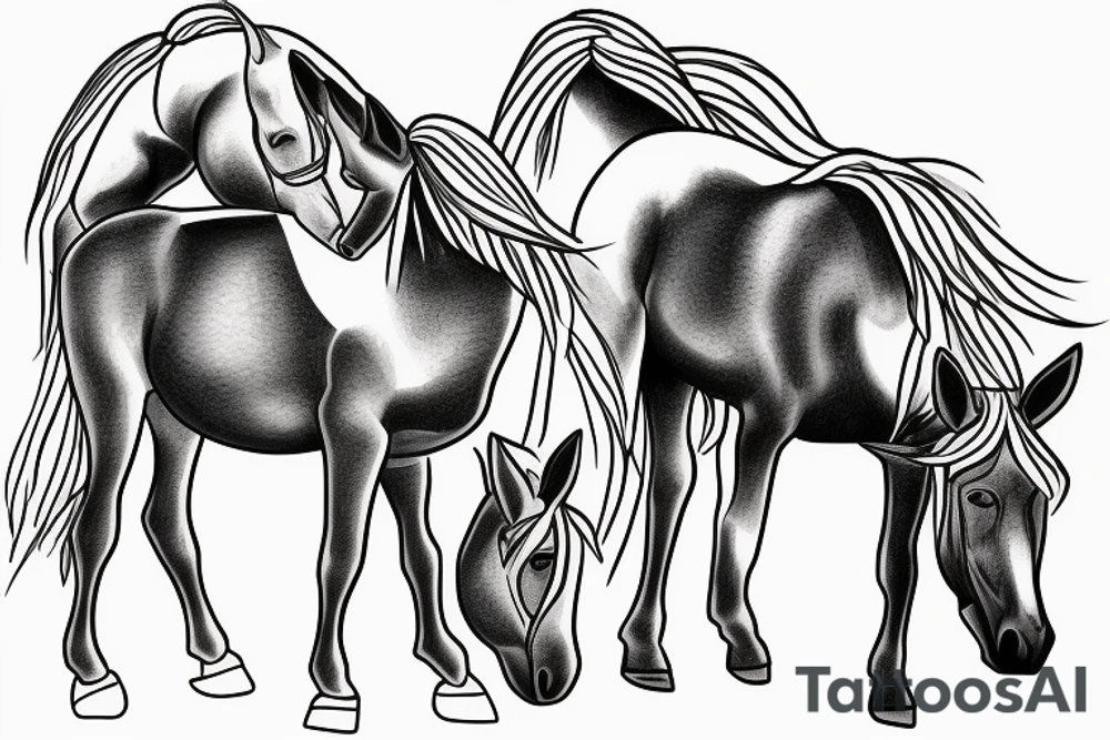 Two strong mules working tirelessly as a team to accomplish a goal. The mules will be facing in the same direction.  Less shading and more line work tattoo idea