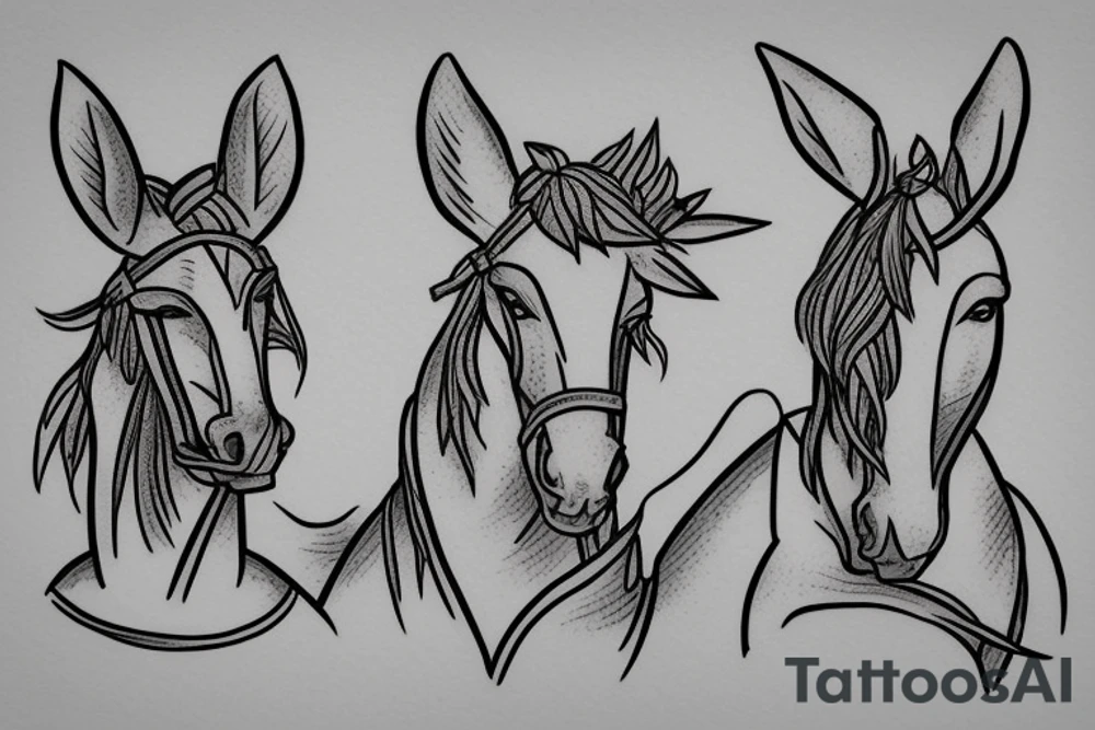 Two strong mules working tirelessly as a team to accomplish a goal. The mules will be facing in the same direction.  Less shading and more line work tattoo idea