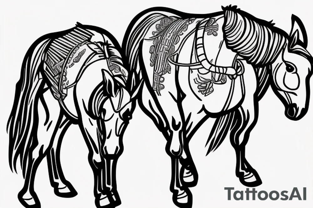Two strong mules working tirelessly as a team to accomplish a goal. The mules will be facing in the same direction.  Less shading and more line work tattoo idea