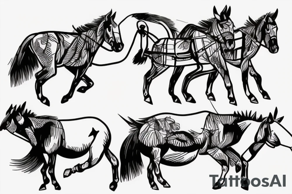 Two strong mules working tirelessly as a team to accomplish a goal. The mules will be facing in the same direction.  Less shading and more line work tattoo idea