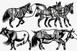 Two strong mules working tirelessly as a team to accomplish a goal. The mules will be facing in the same direction.  Less shading and more line work tattoo idea