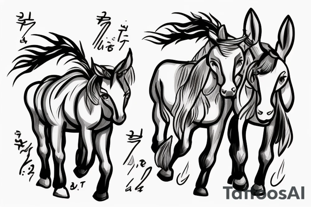 Two strong mules working tirelessly as a team to accomplish a goal. The mules will be facing in the same direction.  Less shading and more line work tattoo idea