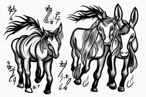 Two strong mules working tirelessly as a team to accomplish a goal. The mules will be facing in the same direction.  Less shading and more line work tattoo idea