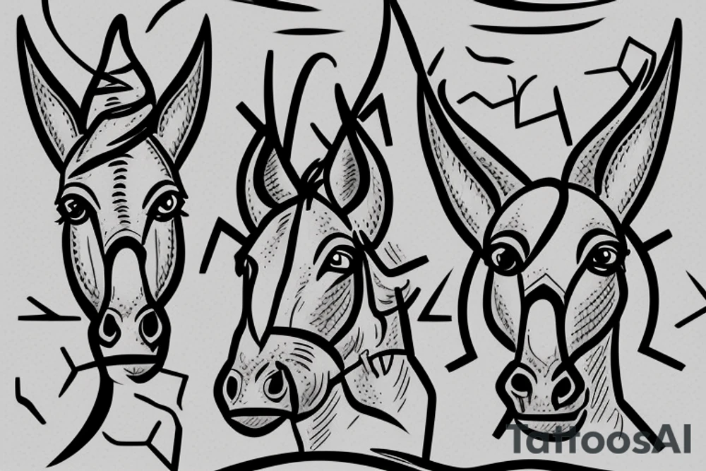 Two strong mules working tirelessly as a team to accomplish a goal. The mules will be facing in the same direction.  Less shading and more line work tattoo idea