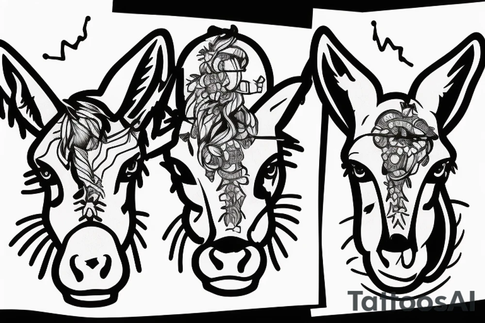 Two strong mules working tirelessly as a team to accomplish a goal. The mules will be facing in the same direction.  Less shading and more line work tattoo idea