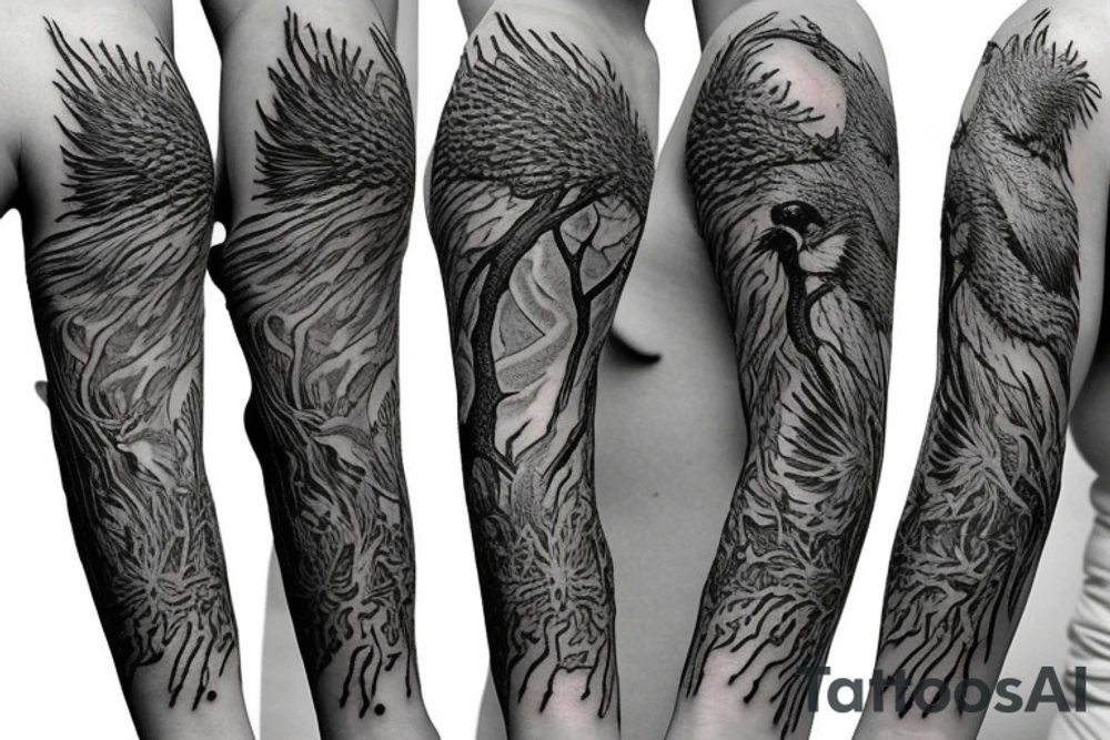 Raven tree sleeve tattoo idea