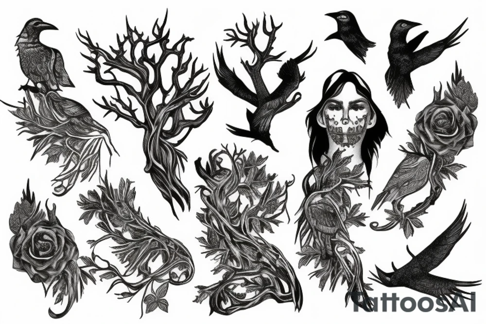 Raven tree sleeve tattoo idea