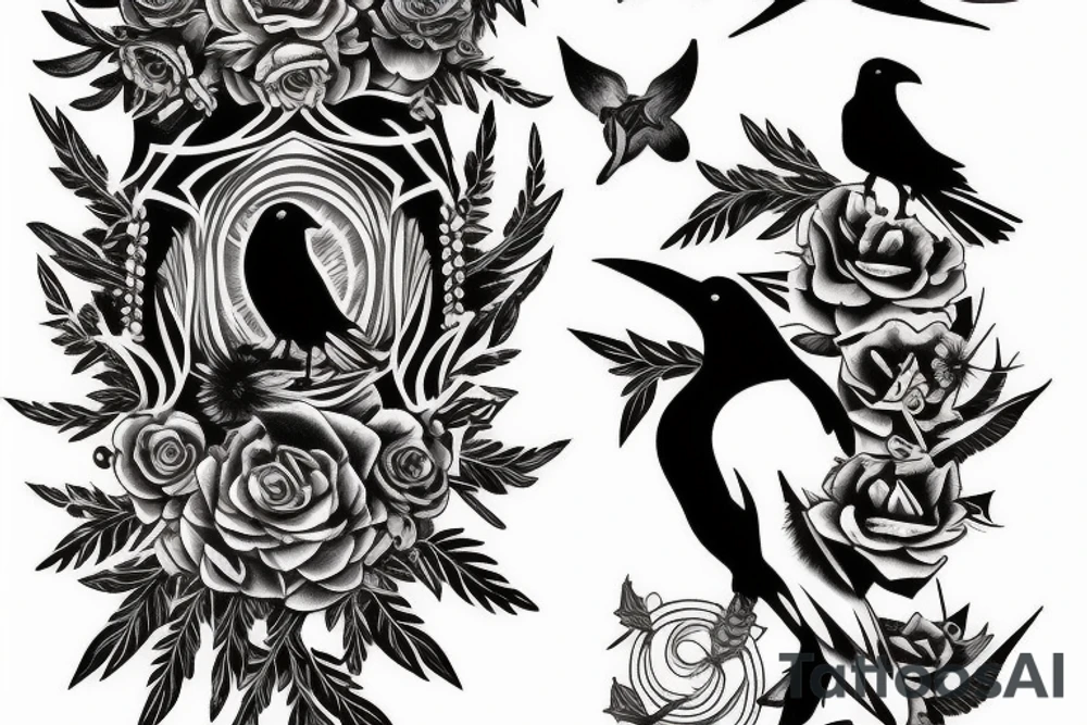 Raven death tree sleeve tattoo idea