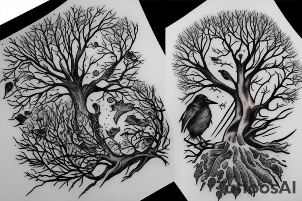 Raven death tree sleeve tattoo idea