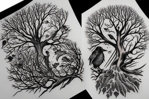 Raven death tree sleeve tattoo idea