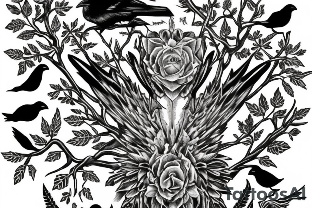 Raven death tree sleeve tattoo idea