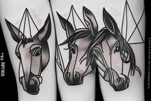 Two strong mules working tirelessly as a team to accomplish a goal. The mules will be facing in the same direction.  Less shading and more line work tattoo idea
