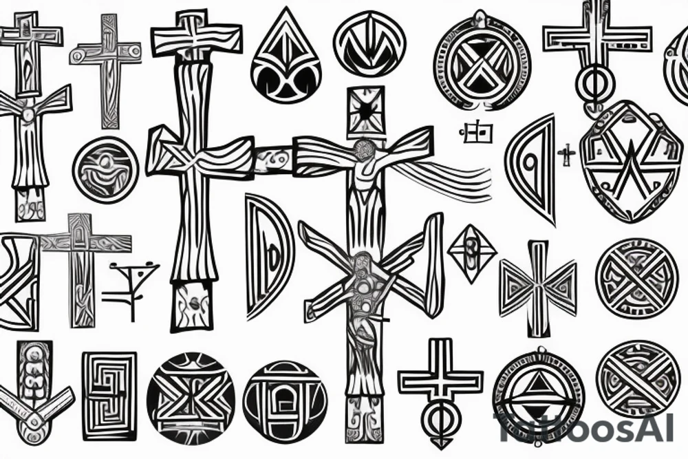 3 Christian Crosses like on calvary in the bible. With Geometric designs radiating around them tattoo idea