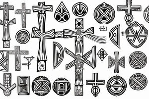 3 Christian Crosses like on calvary in the bible. With Geometric designs radiating around them tattoo idea