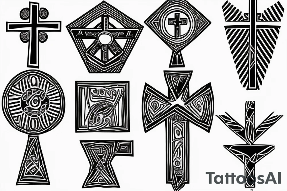 3 Christian Crosses like on calvary in the bible. With Geometric designs radiating around them tattoo idea