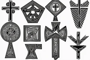 3 Christian Crosses like on calvary in the bible. With Geometric designs radiating around them tattoo idea