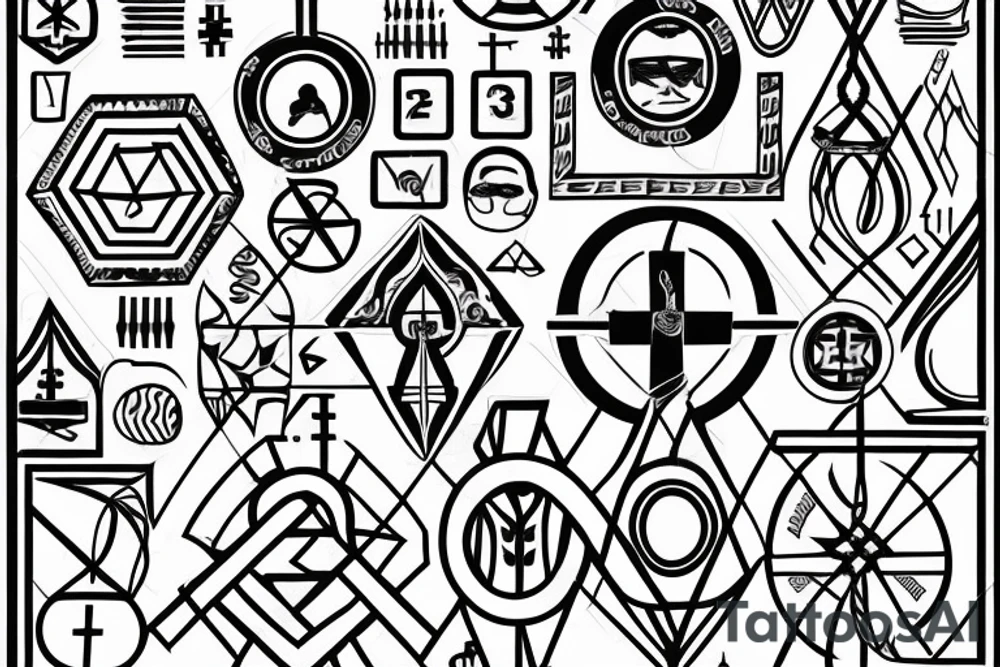3 Christian Crosses like on calvary in the bible. With Geometric designs radiating around them tattoo idea
