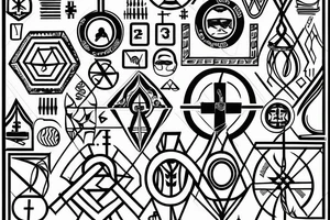3 Christian Crosses like on calvary in the bible. With Geometric designs radiating around them tattoo idea